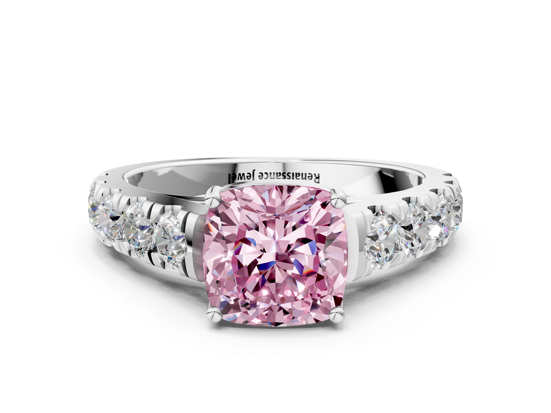 White gold Fancy Pink Cushion  Cut Diamond Pavé Band Solitaire with Four-Prong Setting_3