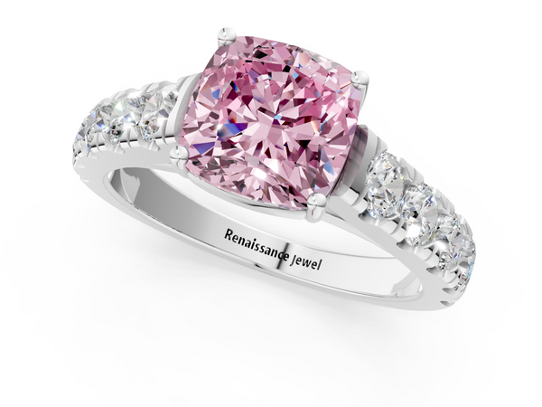 Platinum Fancy Pink Cushion  Cut Diamond Solitaire Ring with Micro Pave Band and Prong Setting