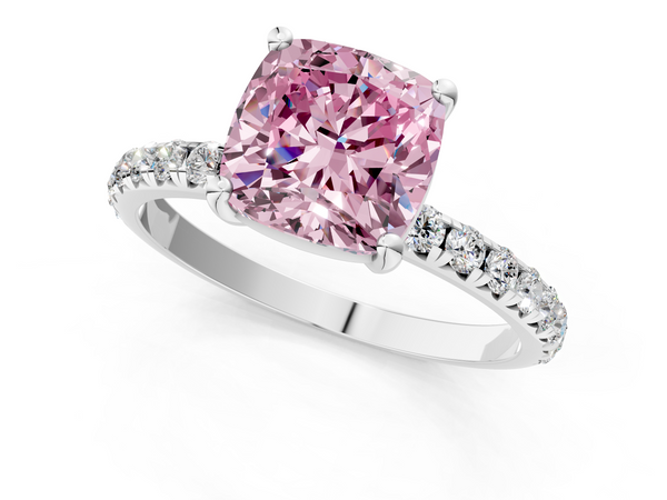 White gold Fancy Pink Cushion  Cut Diamond Solitaire Ring with Micro Pave Band and Four Prong Setting