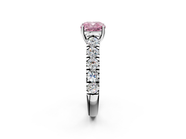 Platinum Fancy Pink Cushion  Cut Diamond Solitaire Ring with Micro Pave Band and Prong Setting