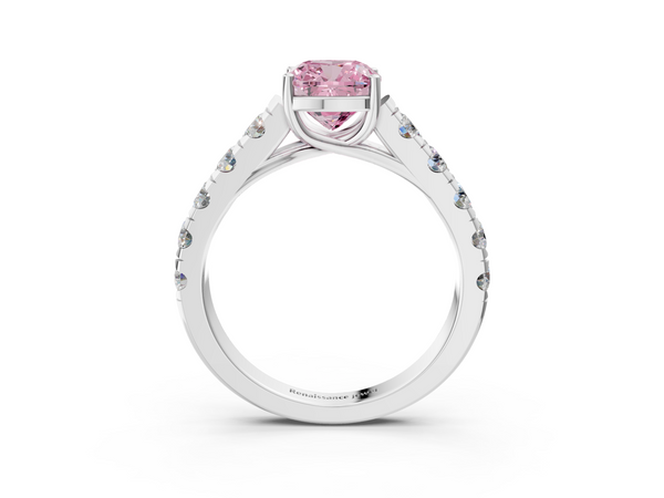 Platinum Fancy Pink Cushion  Cut Diamond Solitaire Ring with Micro Pave Band and Prong Setting