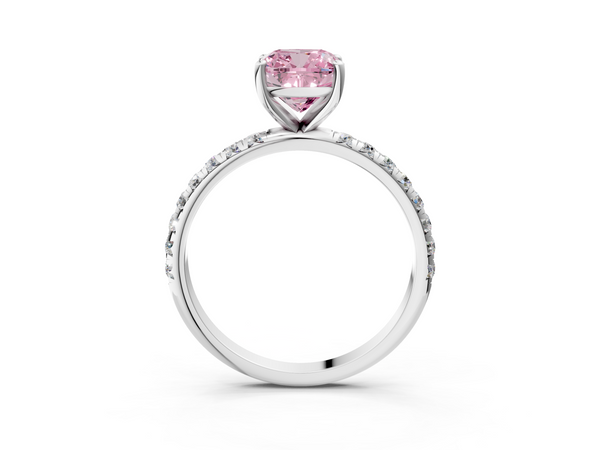 White gold Fancy Pink Cushion  Cut Diamond Solitaire Ring with Micro Pave Band and Four Prong Setting