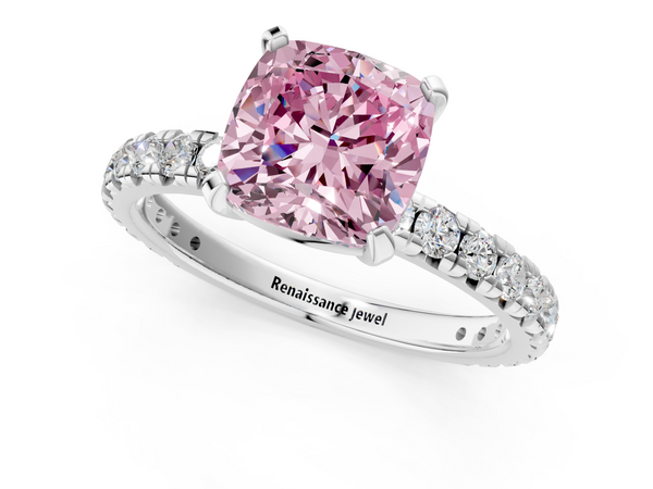 Platinum Fancy Pink Cushion  Cut Diamond Pavé Band with Four-Prong Setting