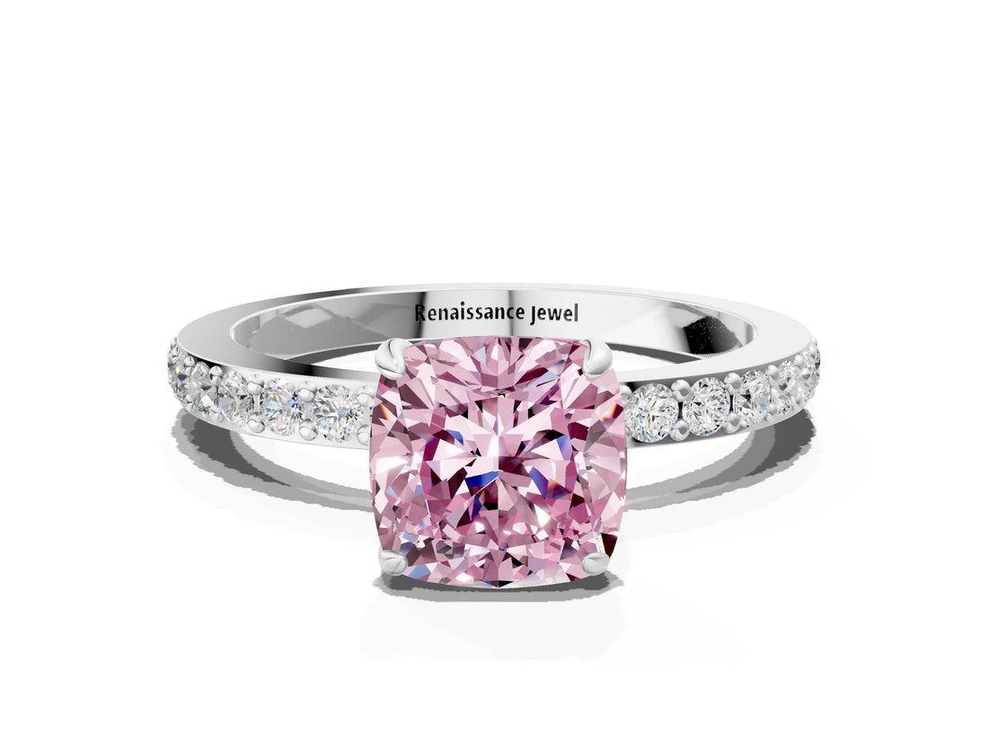 White gold Fancy Pink Cushion Cut Diamond Pavé Engagement Ring with Round  Accents and Prong Setting_88