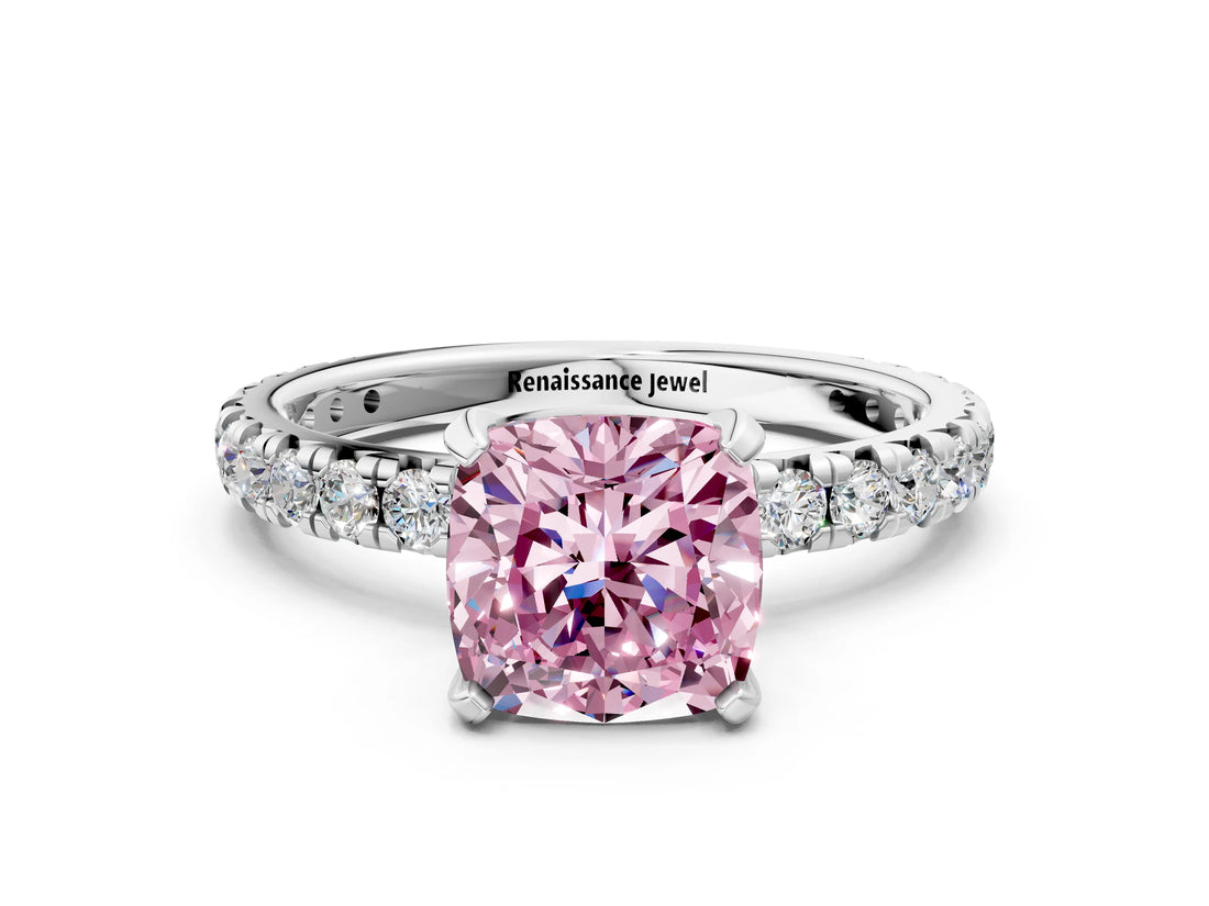 White gold Fancy Pink Cushion Cut Diamond Pavé Solitaire Ring with Round Band and Prong Setting_13