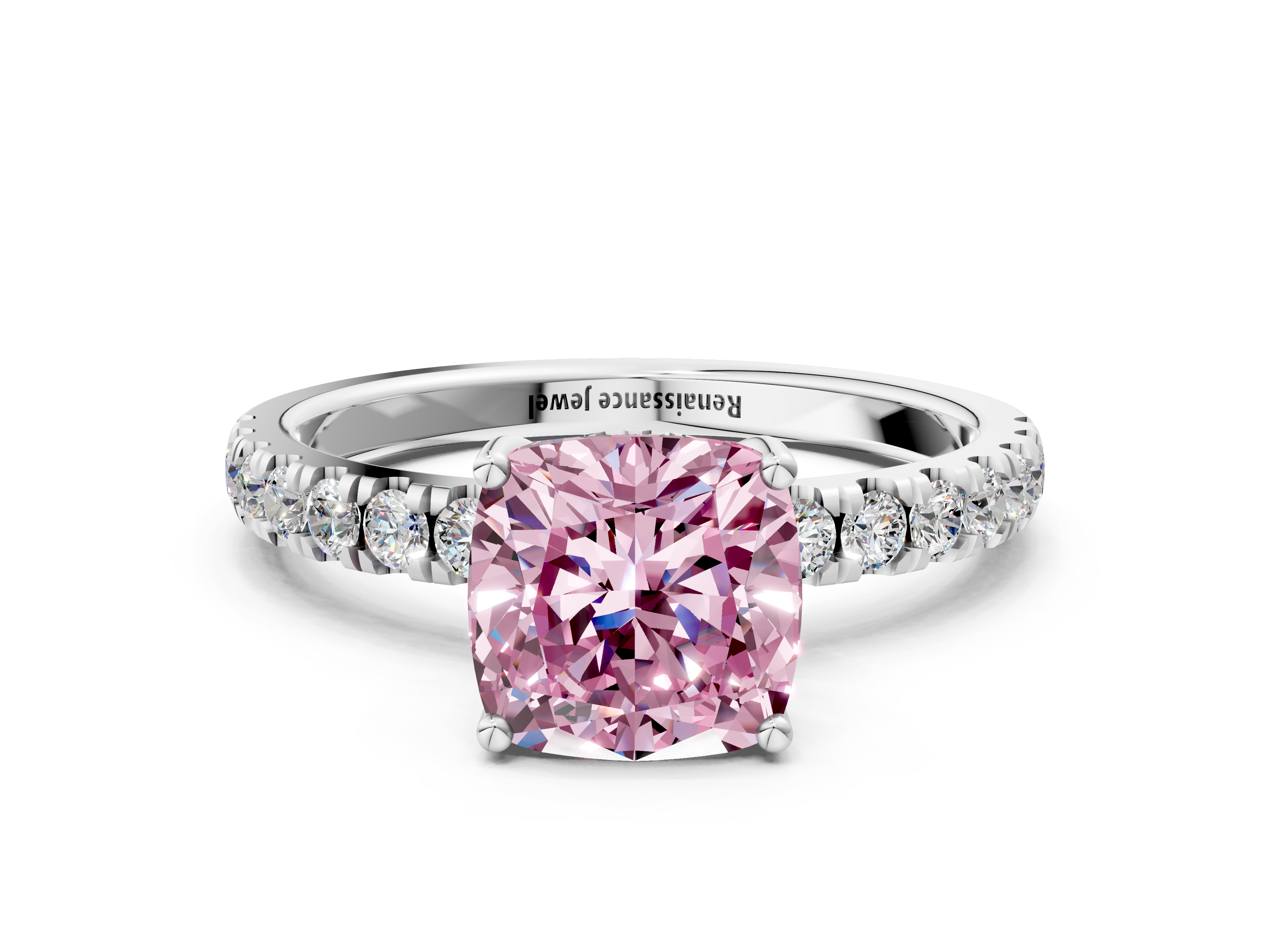 White gold Fancy Pink Cushion  Cut Diamond Pave Band Solitaire Ring with Four-Prong Setting_24