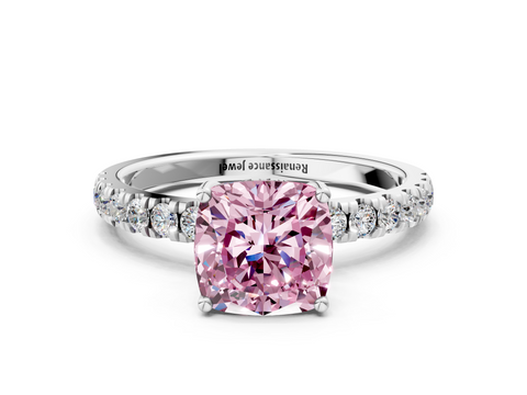 White gold Fancy Pink Cushion  Cut Diamond Pave Band Solitaire Ring with Four-Prong Setting_24