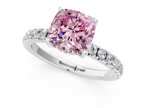 White gold Fancy Pink Cushion  Cut Diamond Pave Band Solitaire Ring with Four-Prong Setting_25