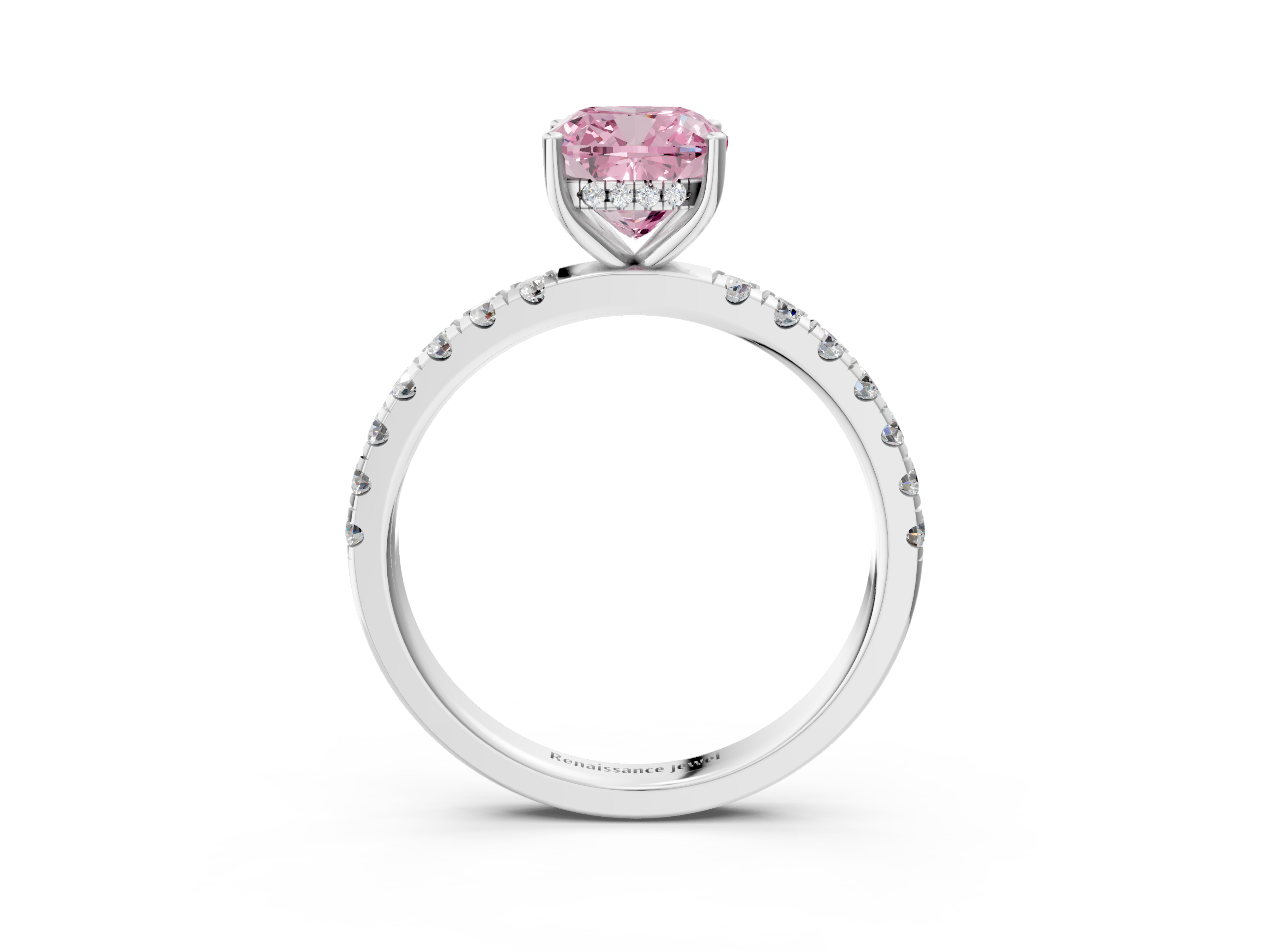 White gold Fancy Pink Cushion  Cut Diamond Pave Band Solitaire Ring with Four-Prong Setting_27