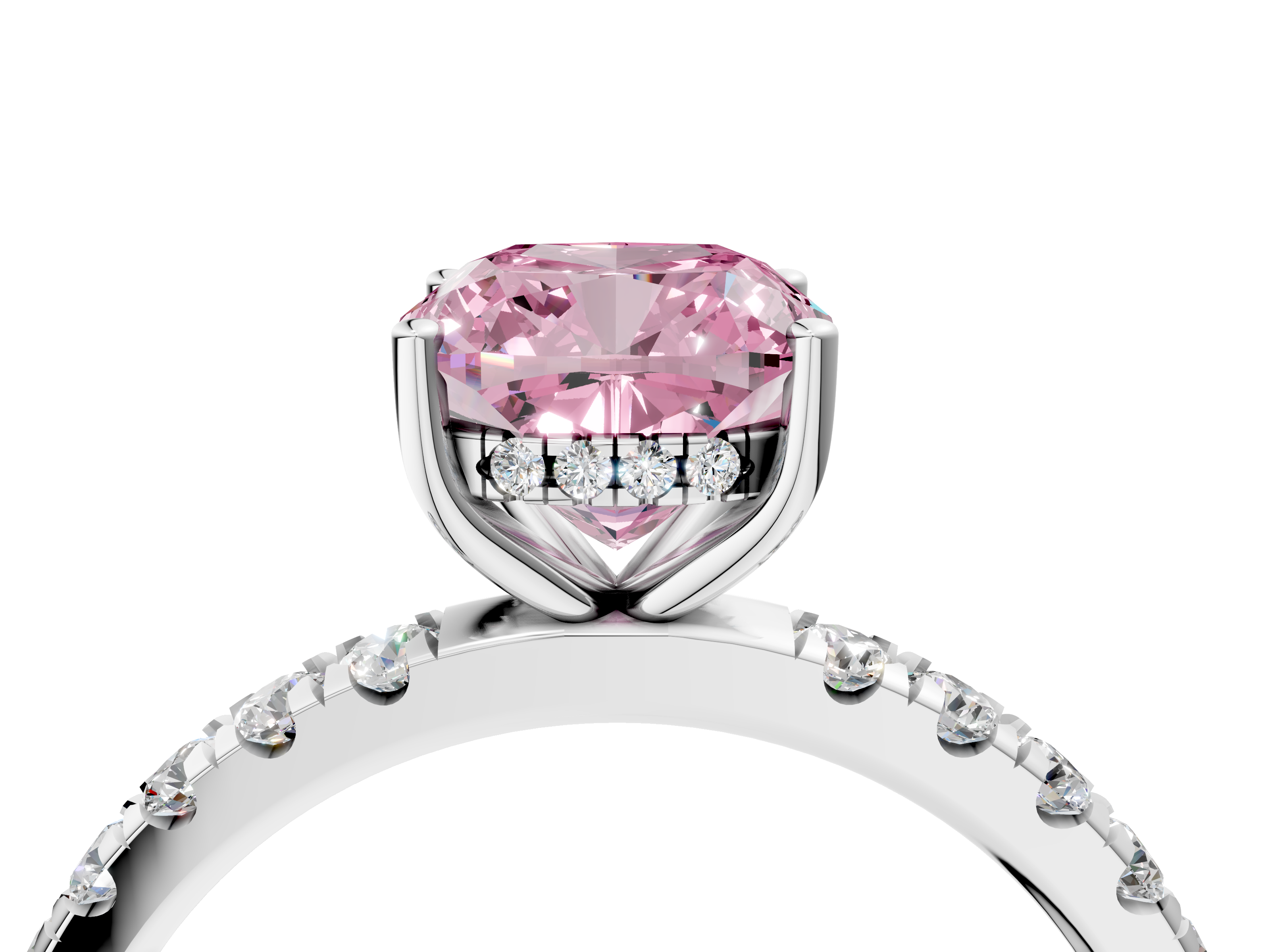 White gold Fancy Pink Cushion  Cut Diamond Pave Band Solitaire Ring with Four-Prong Setting_28