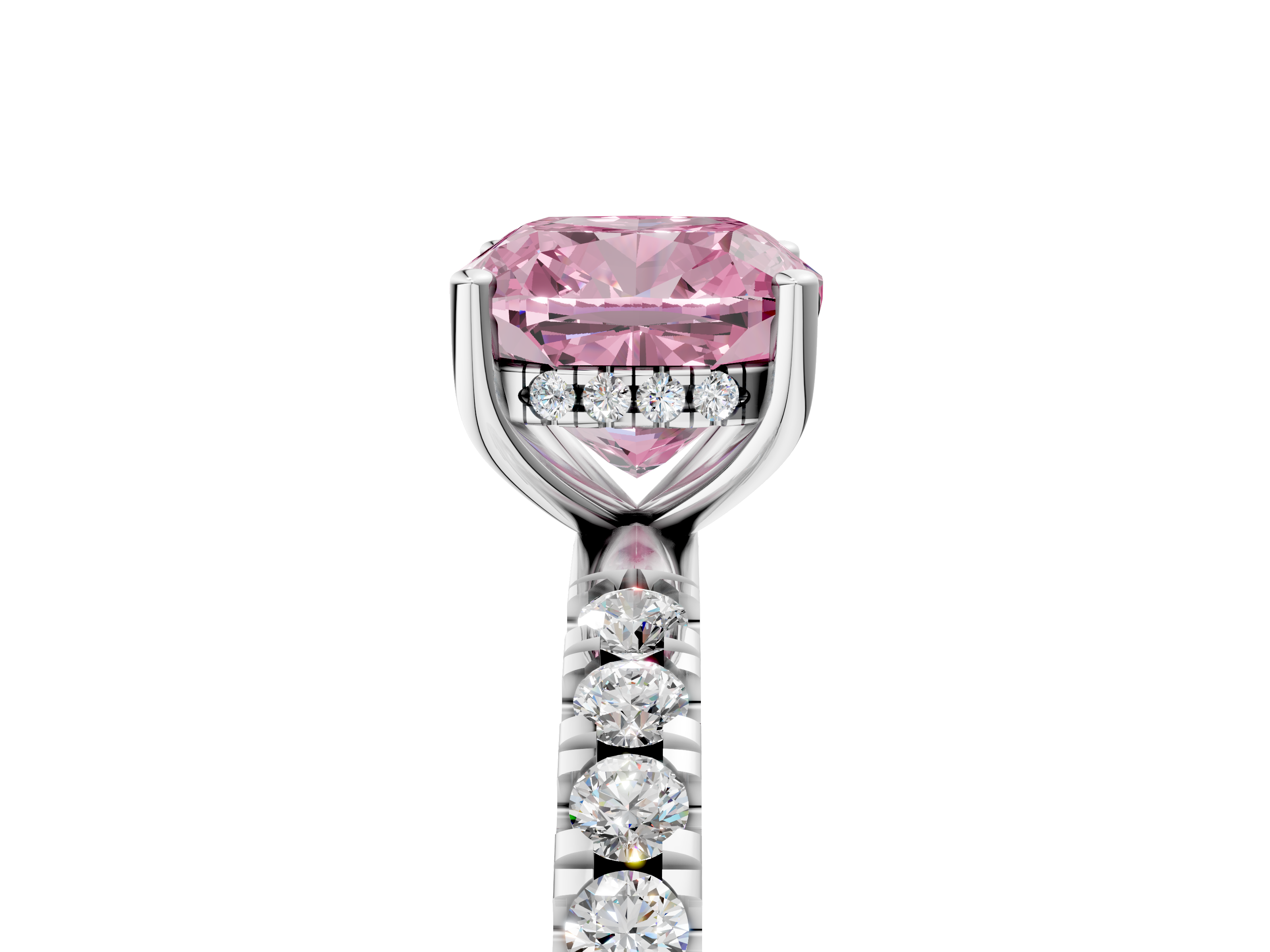 White gold Fancy Pink Cushion  Cut Diamond Pave Band Solitaire Ring with Four-Prong Setting_29