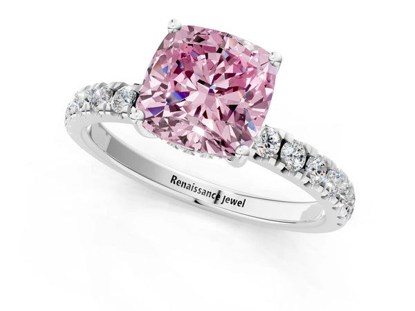 Platinum Fancy Pink Cushion Cut Diamond Pave Band Solitaire Ring with Round  and Prong Setting