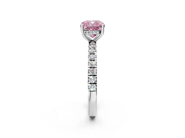Platinum Fancy Pink Cushion Cut Diamond Pave Band Solitaire Ring with Round  and Prong Setting