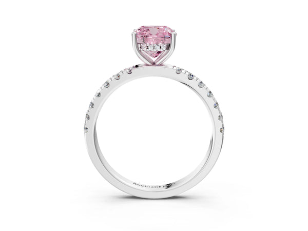 Platinum Fancy Pink Cushion Cut Diamond Pave Band Solitaire Ring with Round  and Prong Setting