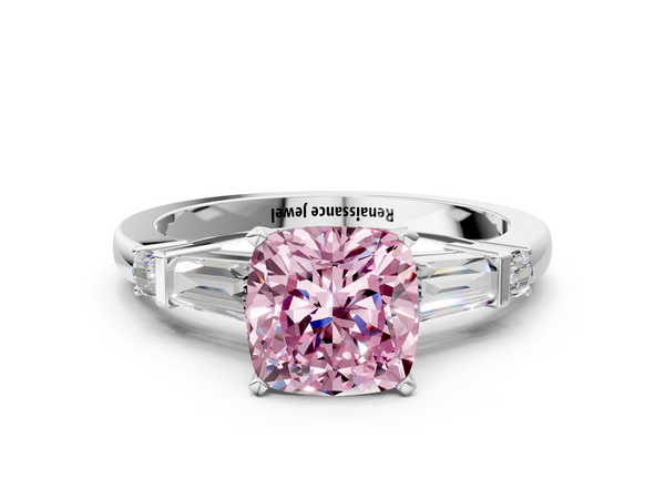 Platinum Fancy Pink Cushion  Cut Diamond Ring with Baguette Side Stones, Channel Set Band, and Four-Prong Setting
