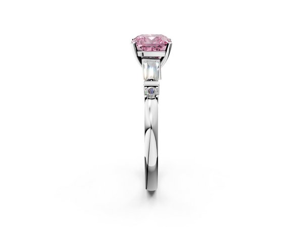 Platinum Fancy Pink Cushion  Cut Diamond Ring with Baguette Side Stones, Channel Set Band, and Four-Prong Setting