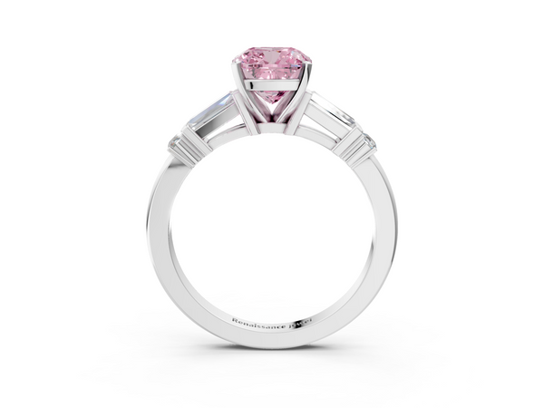 Platinum Fancy Pink Cushion  Cut Diamond Ring with Baguette Side Stones, Channel Set Band, and Four-Prong Setting