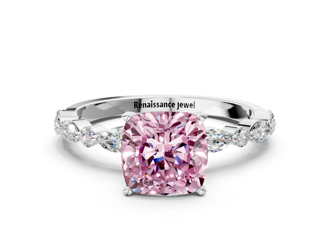 White gold Fancy Pink Cushion Cut Diamond Ring with Marquise and Round  Side Stones and Four-Prong Setting_76