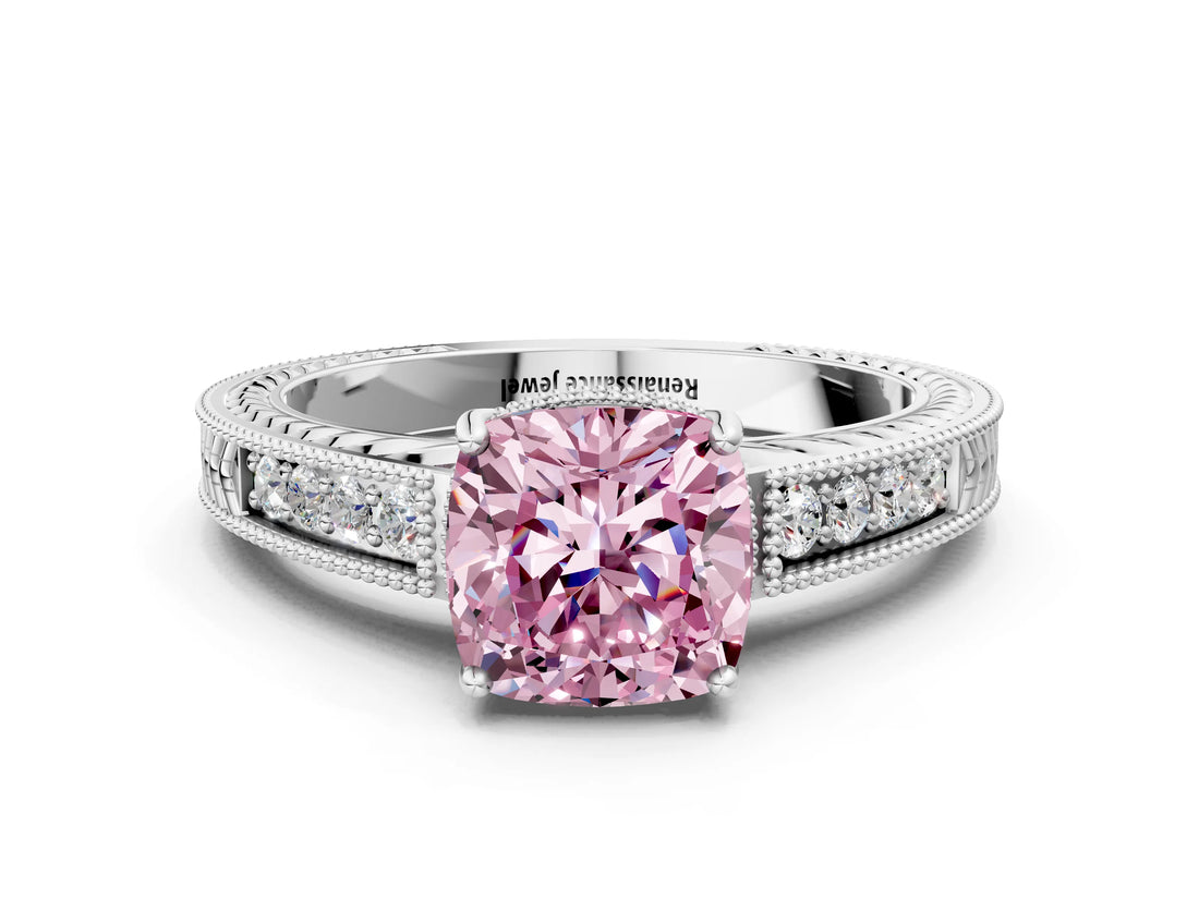 White gold Fancy Pink Cushion Cut Diamond Ring with Milgrain Pavé Band and Four-Prong Setting_32