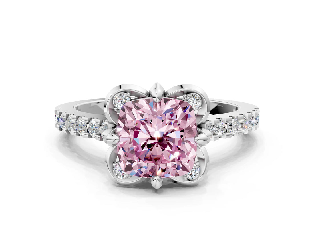 White gold Fancy Pink Cushion Cut Diamond Ring with Pavé Band and Floral Prong Setting_39