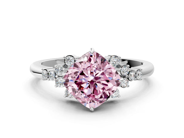 Platinum Fancy Pink Cushion Cut Diamond Ring with Side Stones and Four-Prong Setting