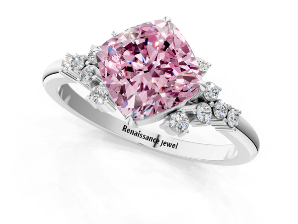 Platinum Fancy Pink Cushion Cut Diamond Ring with Side Stones and Four-Prong Setting