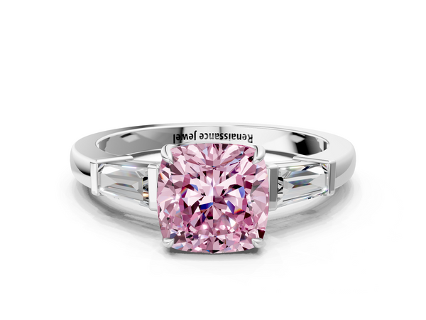 Platinum Fancy Pink Cushion  Cut Diamond Ring with Tapered Baguette Side Stones in Four-Prong Setting