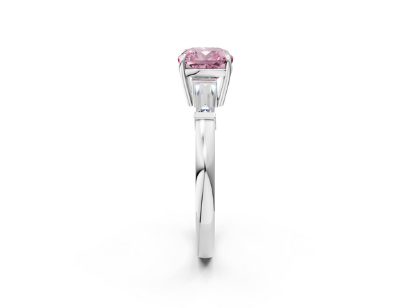 Platinum Fancy Pink Cushion  Cut Diamond Ring with Tapered Baguette Side Stones in Four-Prong Setting