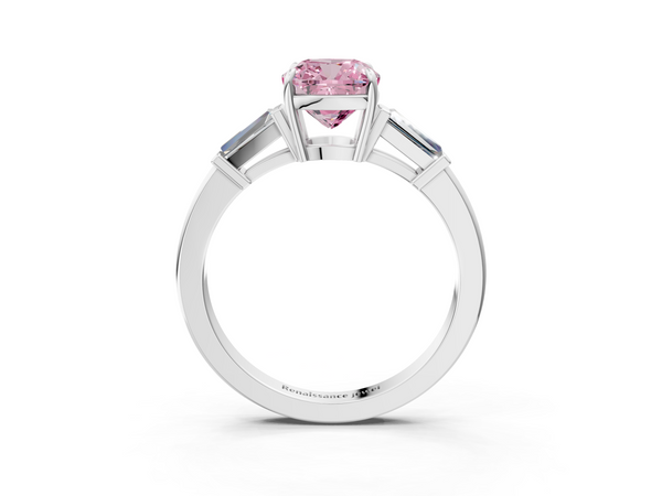Platinum Fancy Pink Cushion  Cut Diamond Ring with Tapered Baguette Side Stones in Four-Prong Setting