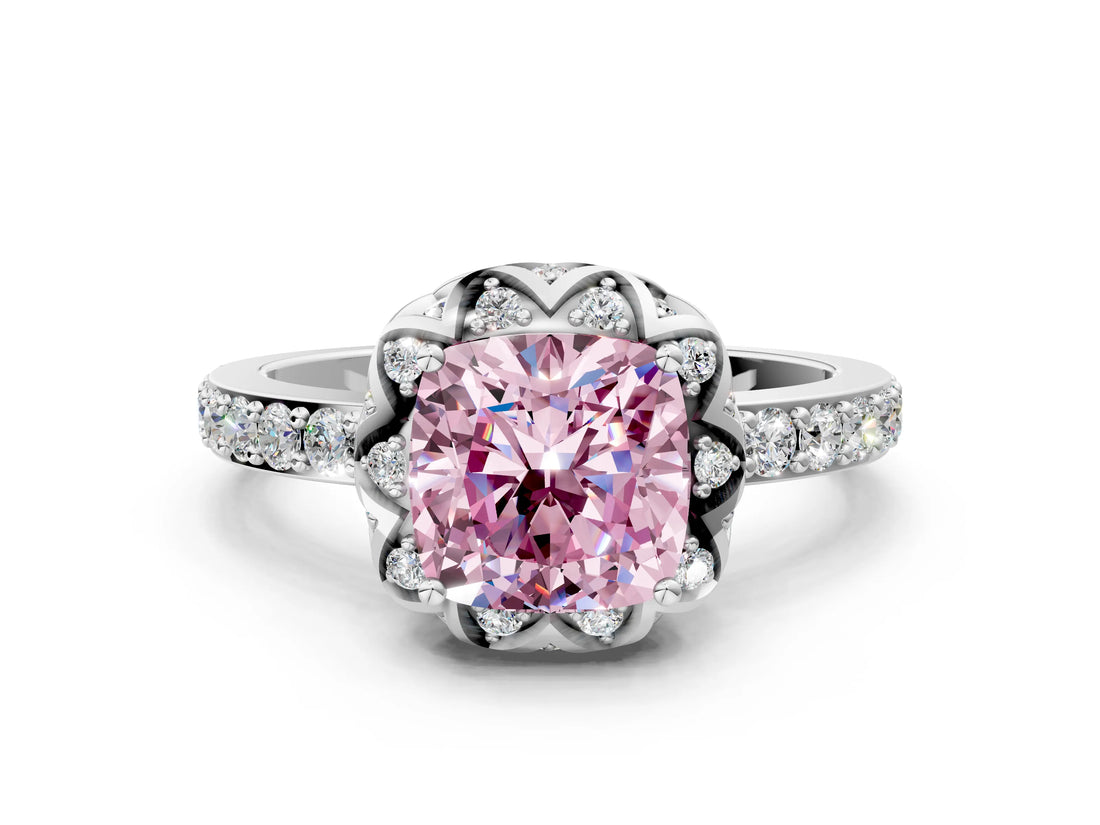 White gold Fancy Pink Cushion Cut Diamond Scalloped Halo Engagement Ring with Round Shared Prong Band_18