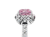 White gold Fancy Pink Cushion Cut Diamond Scalloped Halo Engagement Ring with Round Shared Prong Band_23