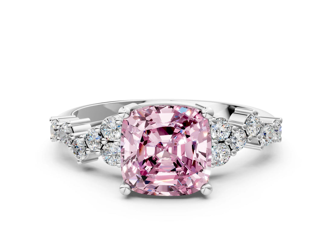 White gold Fancy Pink Cushion Cut Diamond Scattered Round Accent Ring with Prong Setting_12