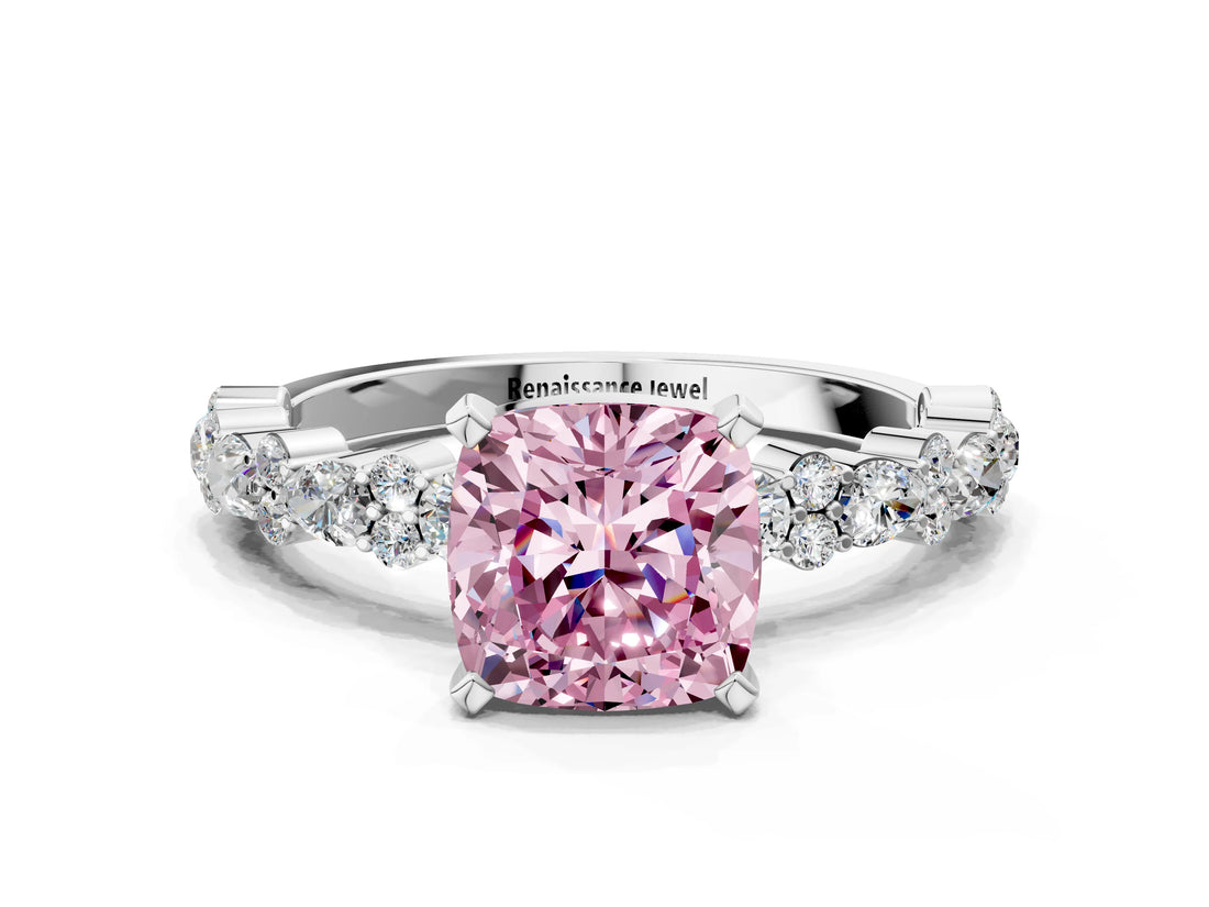 White gold Fancy Pink Cushion Cut Diamond Side Stone Solitaire Ring with Round  and Four-Prong Setting_145