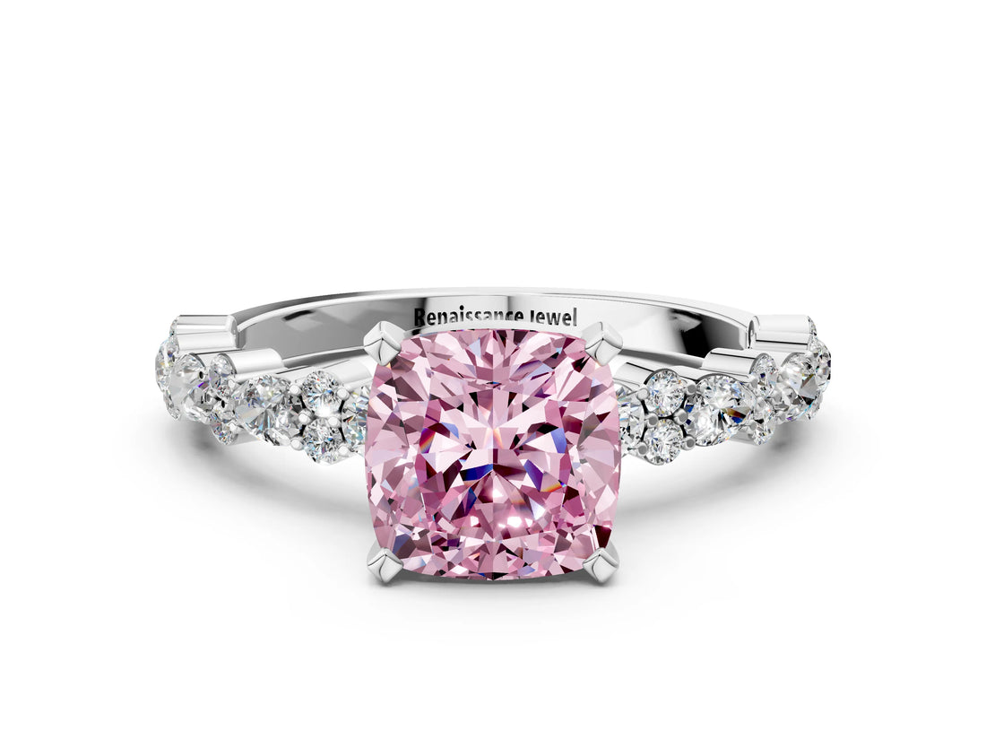 White gold Fancy Pink Cushion Cut Diamond Side Stone Solitaire Ring with Round  and Four-Prong Setting_24