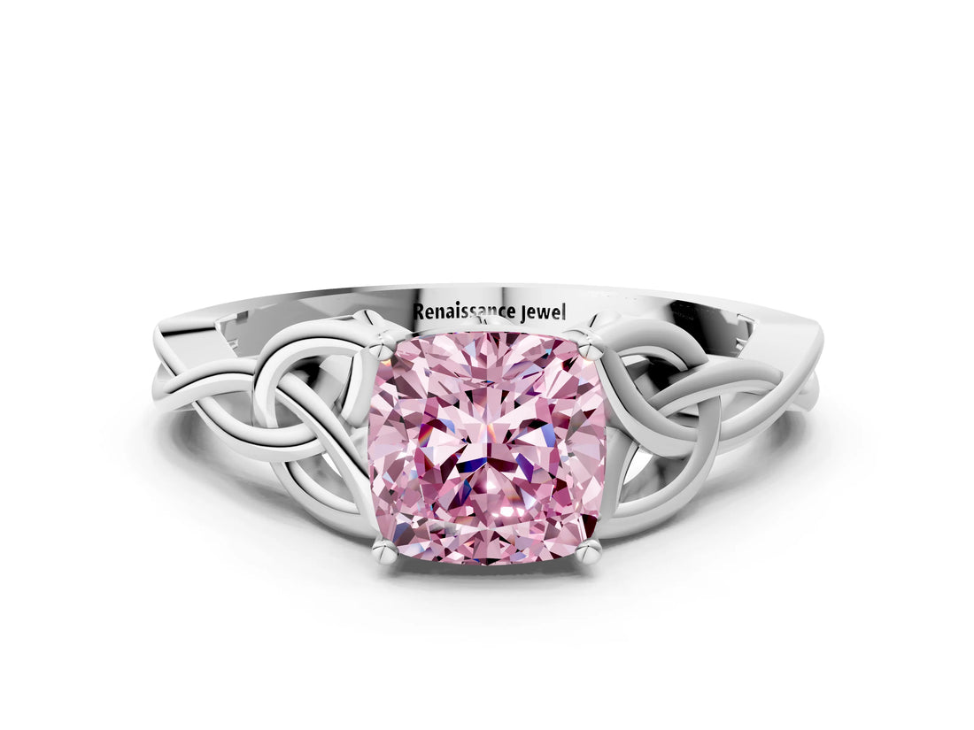 White gold Fancy Pink Cushion Cut Diamond Solitaire Celtic Knot Ring with Four-Prong Setting_112