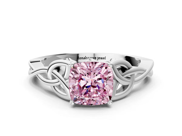 Platinum Fancy Pink Cushion Cut Diamond Solitaire Celtic Knot Ring with Four-Prong Setting