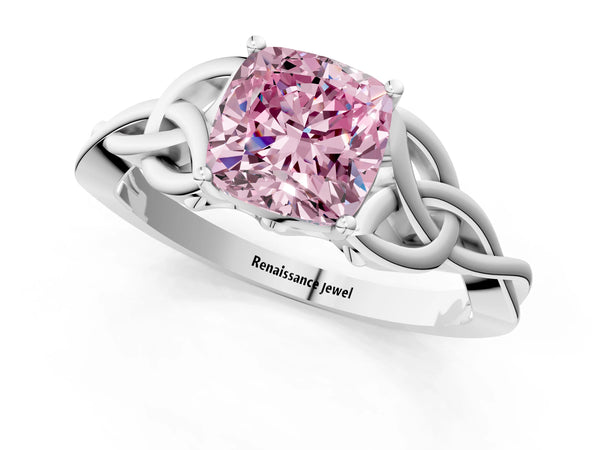 Platinum Fancy Pink Cushion Cut Diamond Solitaire Celtic Knot Ring with Four-Prong Setting