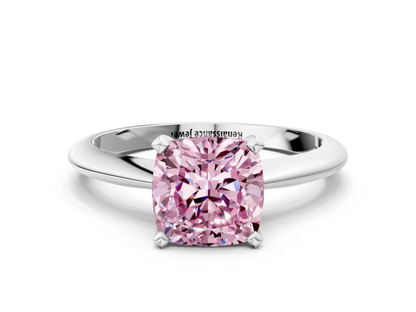 Platinum Fancy Pink Cushion Cut Diamond Solitaire Engagement Ring with Classic Band and Four-Prong Setting