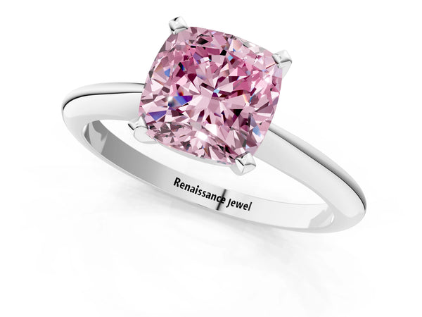 Platinum Fancy Pink Cushion Cut Diamond Solitaire Engagement Ring with Classic Band and Four-Prong Setting