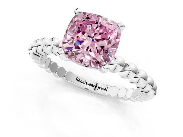 White gold Fancy Pink Cushion Cut Diamond Solitaire Ring with Beaded Band and Prong Setting
