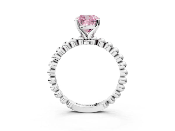 White gold Fancy Pink Cushion Cut Diamond Solitaire Ring with Beaded Band and Prong Setting