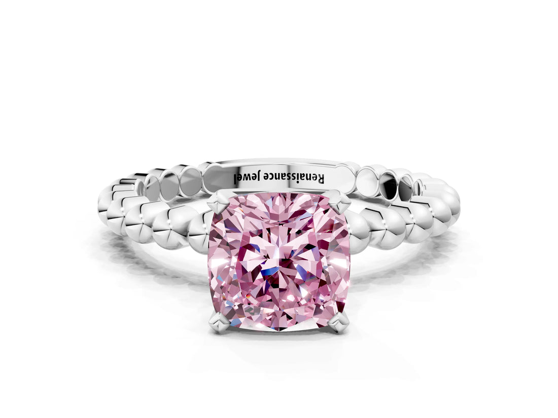 White gold Fancy Pink Cushion Cut Diamond Solitaire Ring with Beaded Band and Prong Setting_388