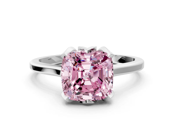 Platinum Fancy Pink Cushion Cut Diamond Solitaire Ring with Flower Prong Setting and Classic Band
