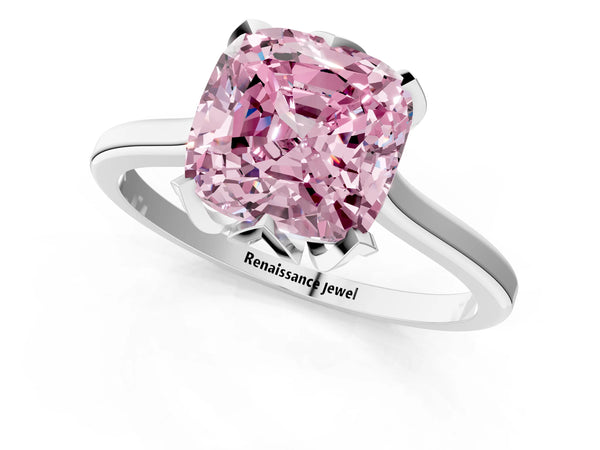 Platinum Fancy Pink Cushion Cut Diamond Solitaire Ring with Flower Prong Setting and Classic Band