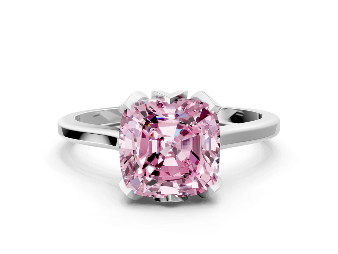 White gold Fancy Pink Cushion Cut Diamond Solitaire Ring with Flower Prong Setting and Classic Band_122