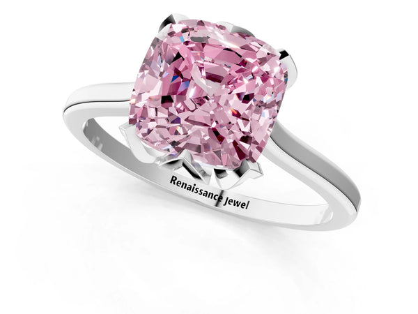 Platinum Fancy Pink Cushion Cut Diamond Solitaire Ring with Flower Prong Setting and Classic Band