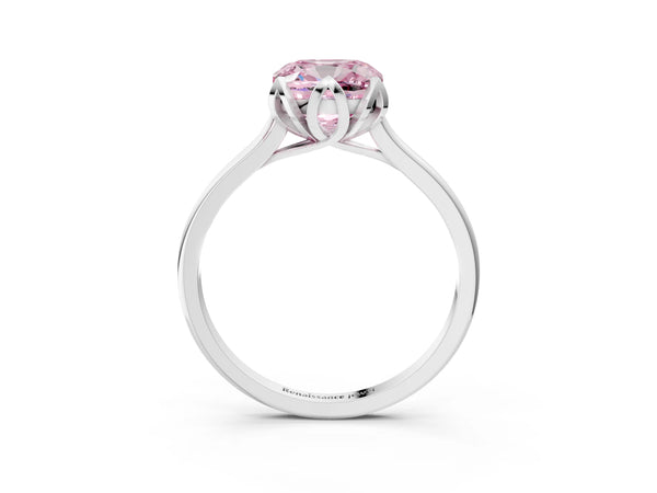 Platinum Fancy Pink Cushion Cut Diamond Solitaire Ring with Flower Prong Setting and Classic Band