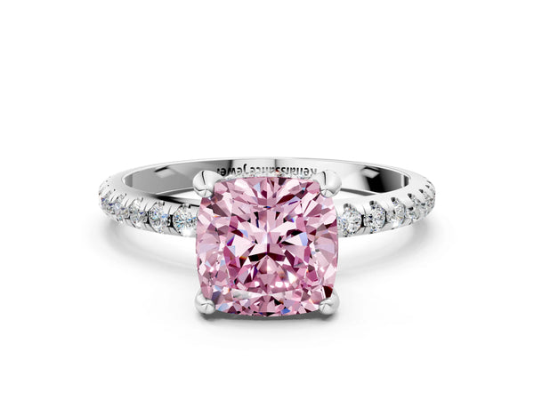 Platinum Fancy Pink Cushion Cut Diamond Solitaire Ring with Four-Prong Setting and Pavé Band