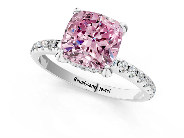 Platinum Fancy Pink Cushion Cut Diamond Solitaire Ring with Four-Prong Setting and Pavé Band