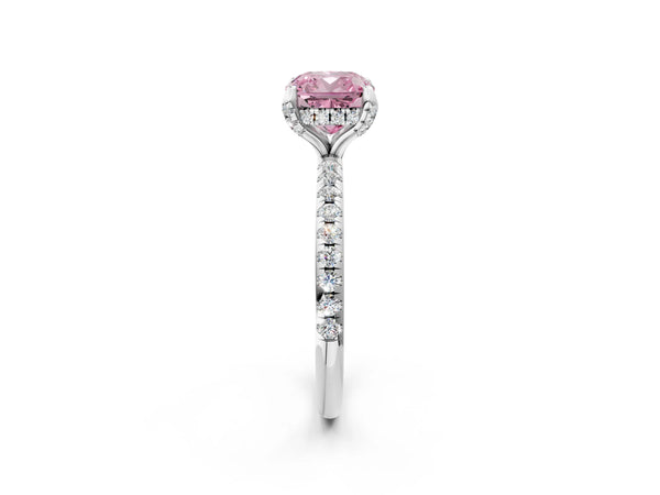 Platinum Fancy Pink Cushion Cut Diamond Solitaire Ring with Four-Prong Setting and Pavé Band
